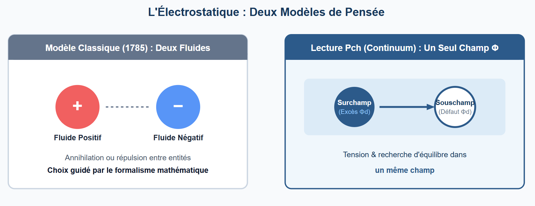 Comparaison des deux modèles de 1785 : fluide unique de Franklin contre deux fluides opposés de Du Fay et Coulomb